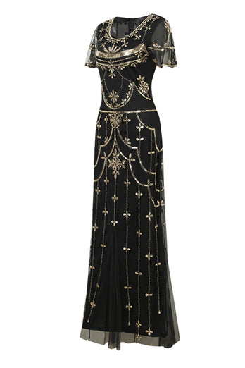 Zwarte Blush pailletten lange jaren 1920 jurk