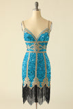Lake Blue Sequin Korte Homecoming Jurk met Franjes