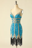 Lake Blue Sequin Korte Homecoming Jurk met Franjes