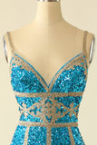 Lake Blue Sequin Korte Homecoming Jurk met Franjes