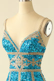 Lake Blue Sequin Korte Homecoming Jurk met Franjes