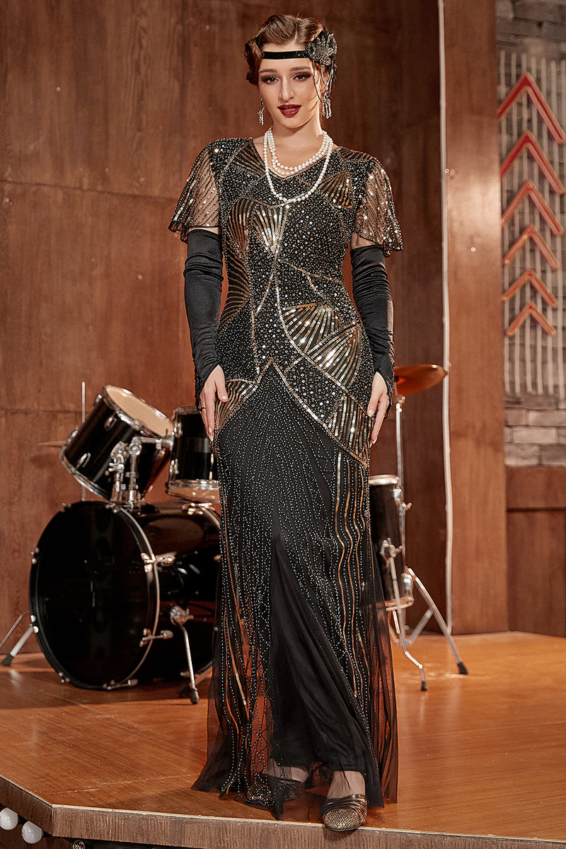 Afbeelding in Gallery-weergave laden, Zwart en goud pailletten lange jaren 1920 Gatsby jurk met pailletten