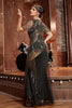Afbeelding in Gallery-weergave laden, Zwart en goud pailletten lange jaren 1920 Gatsby jurk met pailletten