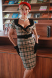 Khaki Plaid jaren 1960 Vintage Jurk met Riem