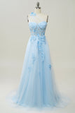 A Line One Shoulder Sky Blue Long Prom Jurk met Appliques