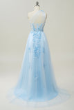 A Line One Shoulder Sky Blue Long Prom Jurk met Appliques