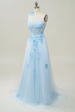 A Line One Shoulder Sky Blue Long Prom Jurk met Appliques