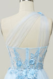 A Line One Shoulder Sky Blue Long Prom Jurk met Appliques