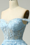 Prinses A Line Off the Shoulder Blauwe Lange Galajurk met Appliques