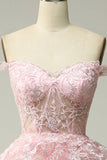 Prinses A Line Off the Shoulder Roze lange galajurk met appliques