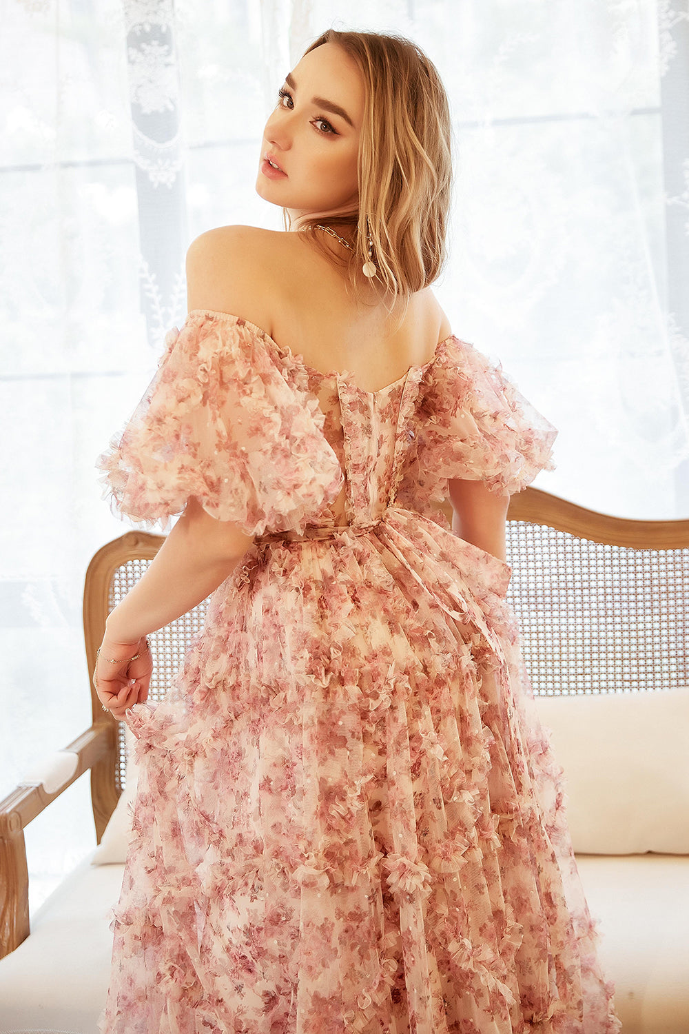 A lijn van de schouder ivoorrode bloem plus size galajurk