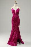 Hot Pink Strapless Pailletten Galajurk met Spleet