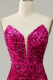 Hot Pink Strapless Pailletten Galajurk met Spleet