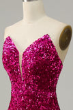 Hot Pink Strapless Pailletten Galajurk met Spleet