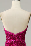 Hot Pink Strapless Pailletten Galajurk met Spleet