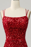 Rode Sparkly Mermaid Backless Long Prom Jurk met Franjes