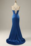 Lange Spaghetti Bandjes Royal Blue Mermaid Prom Jurk