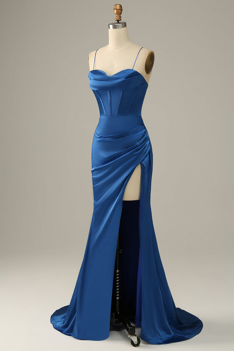 Afbeelding in Gallery-weergave laden, Lange Spaghetti Bandjes Royal Blue Mermaid Prom Jurk