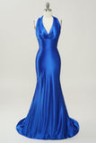 Royal Blue Halter Lace Up Backless Galajurk