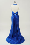 Royal Blue Halter Lace Up Backless Galajurk