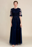 Sprankelende Navy Beaded Mother of the Bride Jurk met Kant