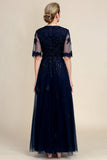 Sprankelende Navy Beaded Mother of the Bride Jurk met Kant