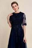 Sprankelende Navy Beaded Mother of the Bride Jurk met Kant