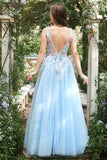 A Line Deep V Neck Lichtblauw Lange Galajurken met Appliques