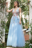A Line Deep V Neck Lichtblauw Lange Galajurken met Appliques