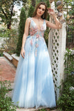 A Line Deep V Neck Lichtblauw Lange Galajurken met Appliques