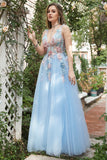 A Line Deep V Neck Lichtblauw Lange Galajurken met Appliques
