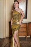 One Shoulder Gold Pailletten Galajurk met Spleet