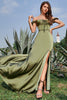 Afbeelding in Gallery-weergave laden, Army Green Off the Shoulder Lange Bruidsmeisjesjurk met Spleet