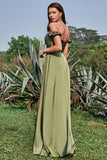 Army Green Off the Shoulder Lange Bruidsmeisjesjurk met Spleet