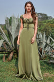 Army Green Off the Shoulder Lange Bruidsmeisjesjurk met Spleet