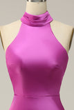 Halter Satijn Fuchsia Bruidsmeisjesjurk