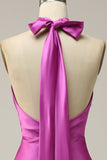 Halter Satijn Fuchsia Bruidsmeisjesjurk