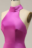 Halter Satijn Fuchsia Bruidsmeisjesjurk