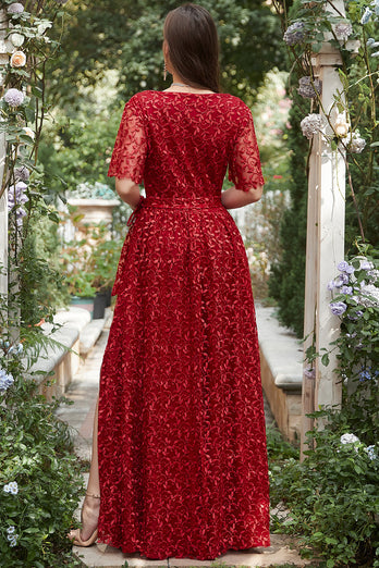 A lijn V-hals rode lange bruidsmeisje jurk met borduurwerk