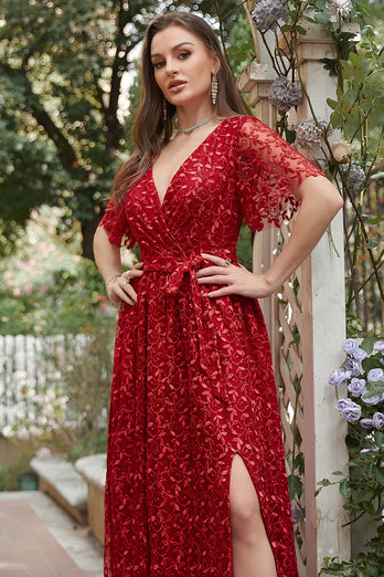 A lijn V-hals rode lange bruidsmeisje jurk met borduurwerk