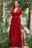 Afbeelding in Gallery-weergave laden, A lijn V-hals rode lange bruidsmeisje jurk met borduurwerk