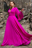 A Line Deep V Neck Dark Fuchsia Plus Size Galajurk met lange mouwen