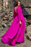 A Line Deep V Neck Dark Fuchsia Plus Size Galajurk met lange mouwen