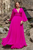 A Line Deep V Neck Dark Fuchsia Plus Size Galajurk met lange mouwen