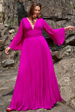 A Line Deep V Neck Dark Fuchsia Plus Size Galajurk met lange mouwen