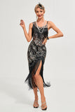 Zwarte Gatsby flapperjurk met franjes en spaghettibandjes