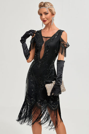 Zwarte koude schouder pailletten franjes jaren 1920 Gatsby jurk