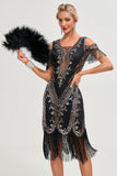 Zwarte koude schouder pailletten franjes jaren 1920 Gatsby jurk