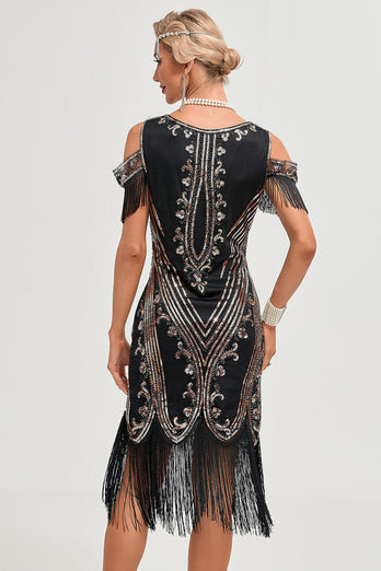 Zwarte koude schouder pailletten franjes jaren 1920 Gatsby jurk