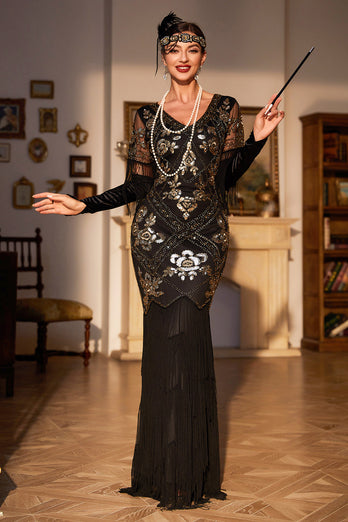 Schede V hals donkergroene pailletten lange jaren 1920 flapper jurk met franjes